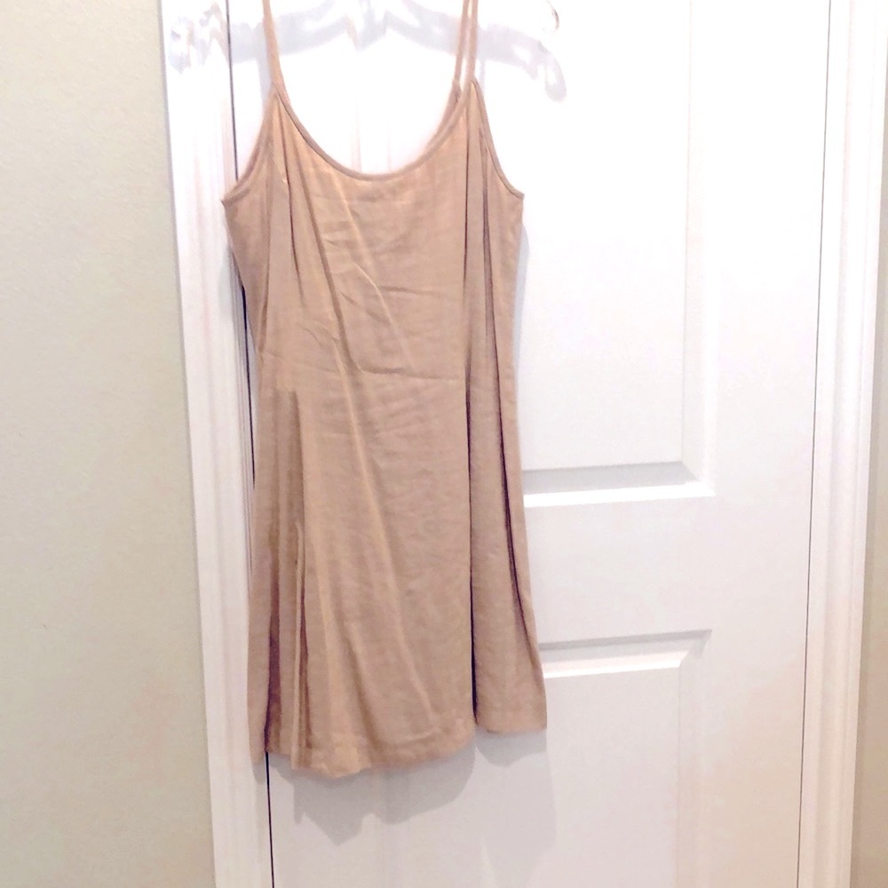Spaghetti strap mini dress in tan. Size 8, never worn NWT